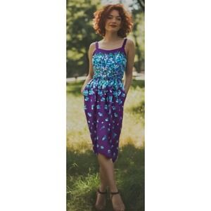 80s Lanz Original Dress Size XS Floral Sleeveless Midi Purple SquareNeck Zip EUC